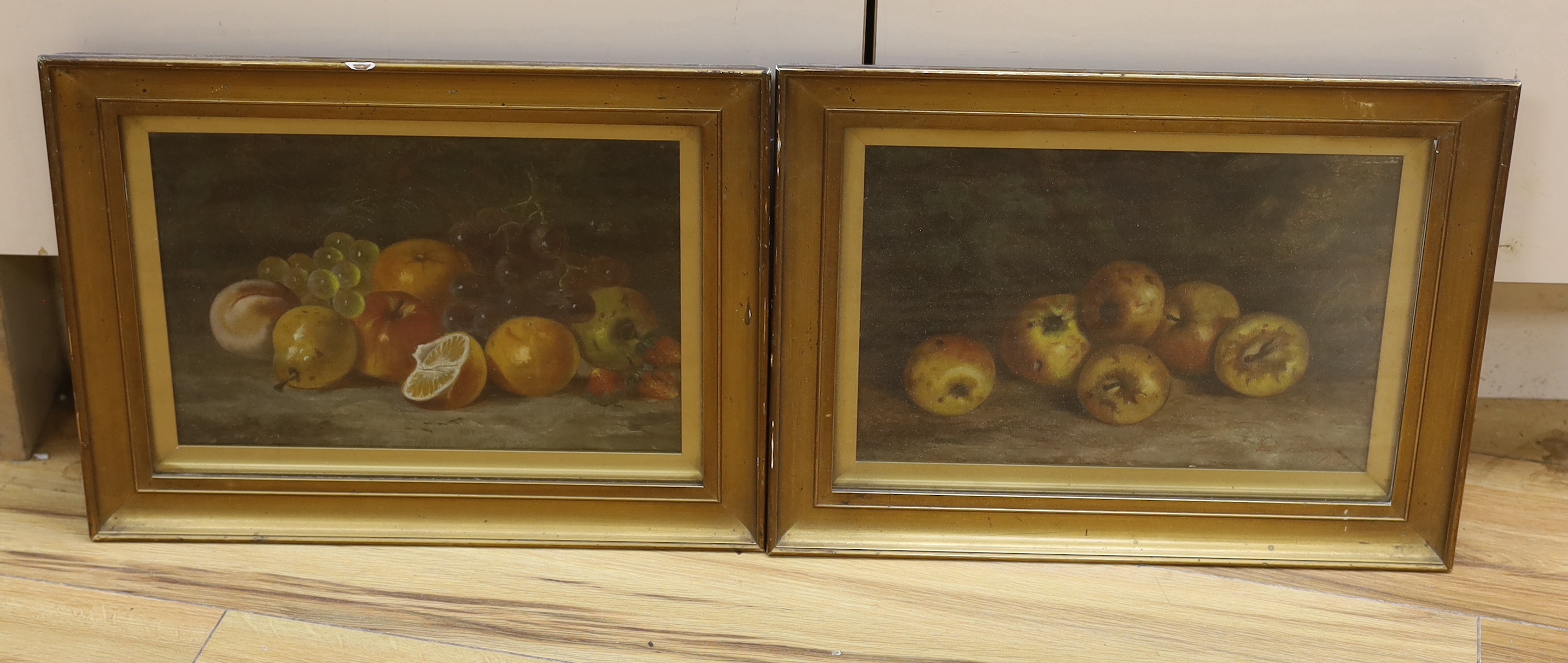 19th century, pair of oils on canvas, Still life of fruit, each indistinctly signed, one dated 1882, each with Matthias Watts label verso, 29 x 19cm